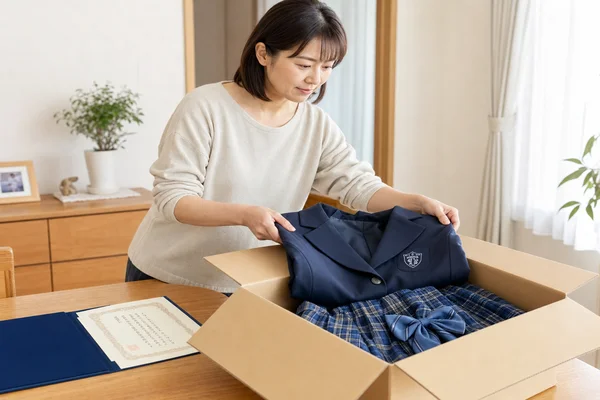 東京女子学園高等学校の制服を卒業後すぐにダンボールに梱包して査定に出す準備をする様子
