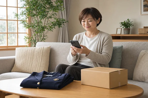 東京純心女子の制服買取が完了し、40代の主婦がソファでスマートフォンを見ながら安心した表情をしている様子