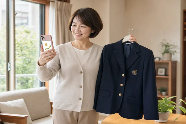 40代の主婦が東京純心女子の制服（紺ブレザー ）をハンガーで持ちながらスマートフォンで買取相場を確認して喜んでいる様子