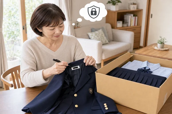 40代の主婦が東京純心女子の制服の名前タグをマーカーで塗りつぶし、個人情報を保護してから買取に出す準備をしている様子