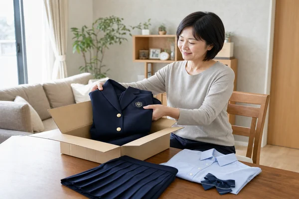 40代の主婦が東京純心女子の中古制服（紺ブレザー・プリーツスカート・ライトブルーブラウス ）をダンボール箱に丁寧に梱包している様子