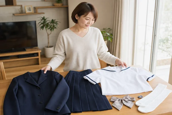 東京家政大学附属女子の冬服ジャケット・スカート・盛夏服セーラーブラウス・リボン・ソックスを並べる母親
