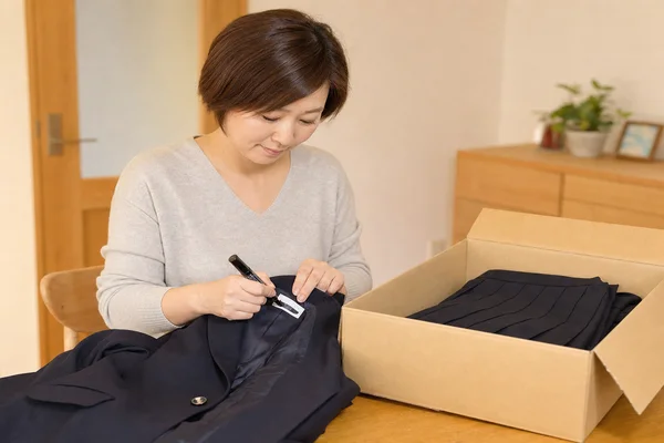 東京家政大学附属女子の制服の名前タグをマーカーで塗りつぶしダンボールに梱包する母親