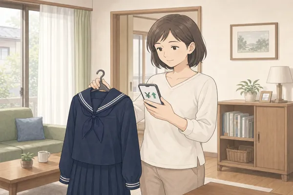 豊島岡女子学園の制服を手に持ち、スマートフォンで高い買取相場を確認して安心する様子