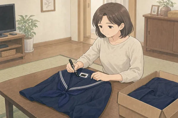 査定に出す前に、制服のネームタグをマジックで塗りつぶして個人情報を保護する様子