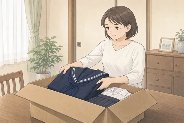 豊島岡女子学園の制服を丁寧にダンボールへ梱包し、宅配買取の準備をする様子