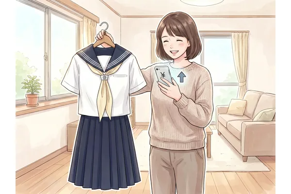 お母さんが女子聖学院の白い夏服セーラー服をハンガーで持ちながらスマートフォンで買取相場を確認して喜んでいるイラスト
