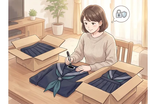 お母さんが女子聖学院の制服の名前タグをマーカーで塗りつぶし、横にダンボール箱を置いて個人情報を保護しているイラスト