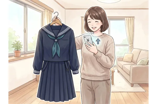 お母さんが女子聖学院の紺色セーラー服をハンガーで持ちながらスマートフォンで制服の販売価格を確認しているイラスト