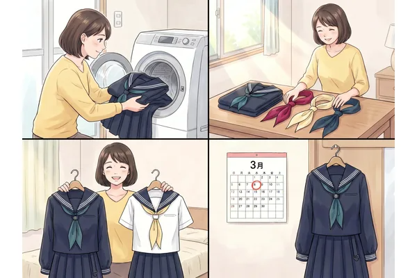 女子聖学院の制服を高く売るための4つのコツ（洗濯・スカーフセット・夏冬セット・早めに売る ）を示した4コマイラスト