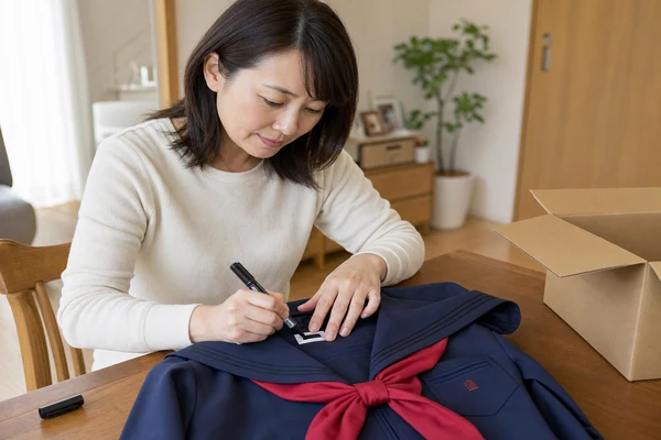 山梨英和高校のセーラー服の衿内側にある名前タグを黒マーカーで塗りつぶして個人情報を保護する主婦