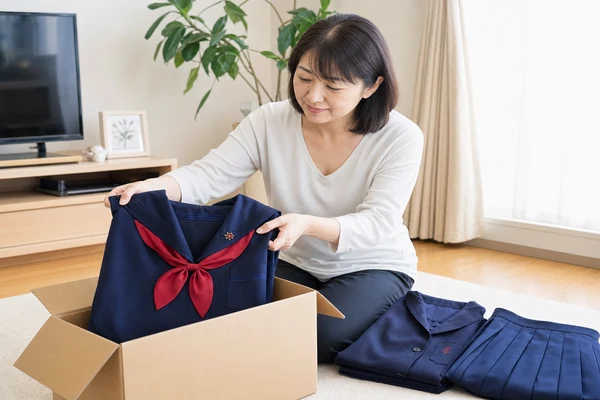 山梨英和高校の制服（セーラー服・ブレザー・スカート ）をダンボール箱に梱包して宅配買取に発送する準備をする主婦
