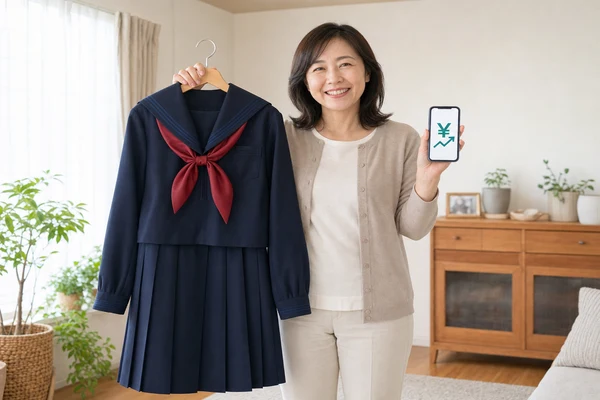 山梨英和高校のネイビーセーラー服をハンガーで持ち、制服買取の査定額をスマートフォンで確認して笑顔の母親