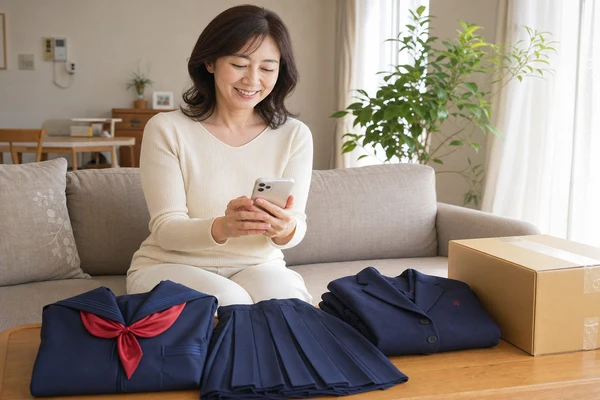 山梨英和高校の制服フルセットとダンボール箱を前に、スマートフォンで制服買取の無料査定を申し込んで笑顔の主婦