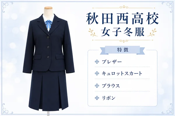 秋田県立秋田西高等学校の女子冬服。紺色のブレザーに白ブラウス、ライトブルーのリボン、紺色のキュロットスカートを合わせた、在校生が着用するブレザースタイル