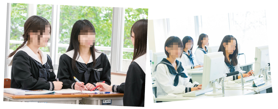 足利大学附属女子高等学校の制服を着た生徒が教室・パソコン室で授業を受けている様子