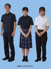 別府溝部学園高校の夏服制服｜ネイビーポロシャツスタイル。男女・女子ポロシャツなしの3パターン