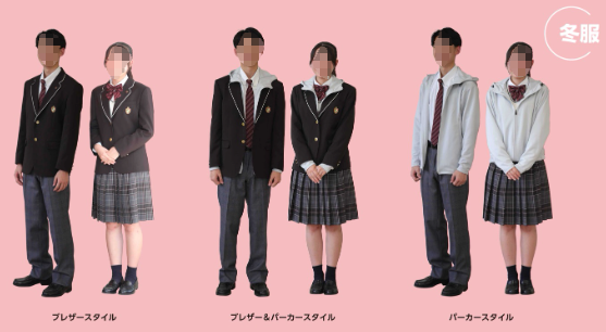 別府溝部学園高校の冬服制服｜ブレザースタイル・ブレザー＆パーカースタイル・パーカースタイルの3着用例