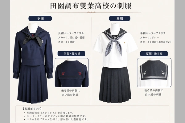 田園調布雙葉中学高等学校の女子制服｜冬服（紺セーラー・黒スカーフ・赤い錨刺繍）と夏服（白セーラー・グレースカーフ・白い錨刺繍）の比較