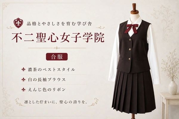 不二聖心女子学院 中学校・高等学校の合服。濃茶のベストに白の長袖ブラウス、プリーツスカートとえんじ色のリボンを合わせたコーディネート