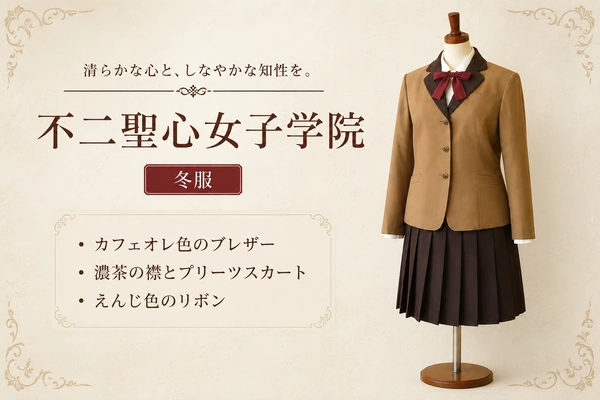不二聖心女子学院 中学校・高等学校の冬服。カフェオレ色のブレザーに濃茶の襟、プリーツスカートとえんじ色のリボンを合わせたコーディネート
