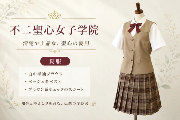不二聖心女子学院 中学校・高等学校の夏服。白の半袖ブラウス、ベージュ系ベスト、ブラウン系チェックのスカートに、えんじ色のリボンを合わせたコーディネート