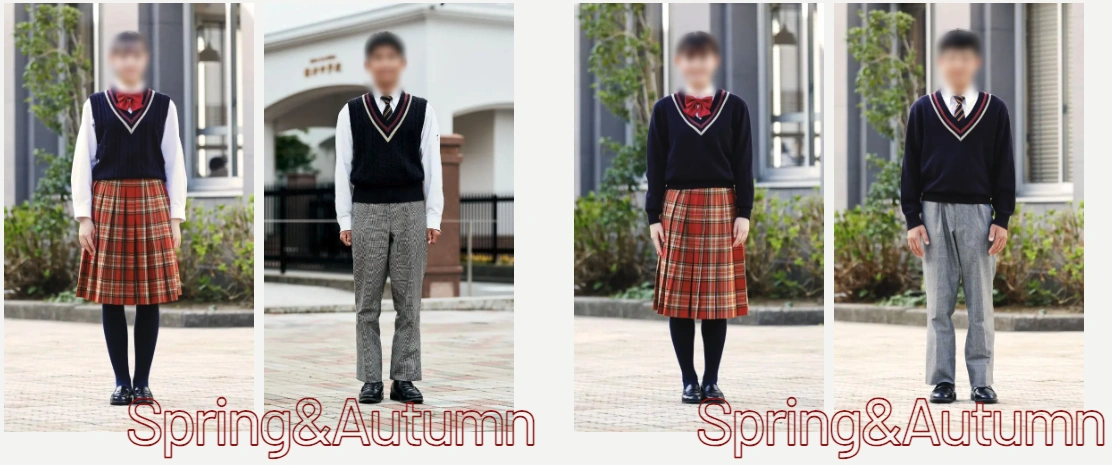 福井工業大学附属福井中学校の春秋服を着用した女子・男子生徒。男女ともに紺色のVネックニットベスト・セーターを着用し、女子は赤系チェック柄スカート、男子はグレースラックスを合わせている