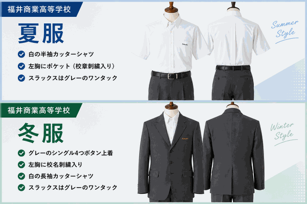 福井商業高校の男子制服｜夏服（白半袖カッターシャツ）と冬服（グレーシングル4ボタンブレザー）
