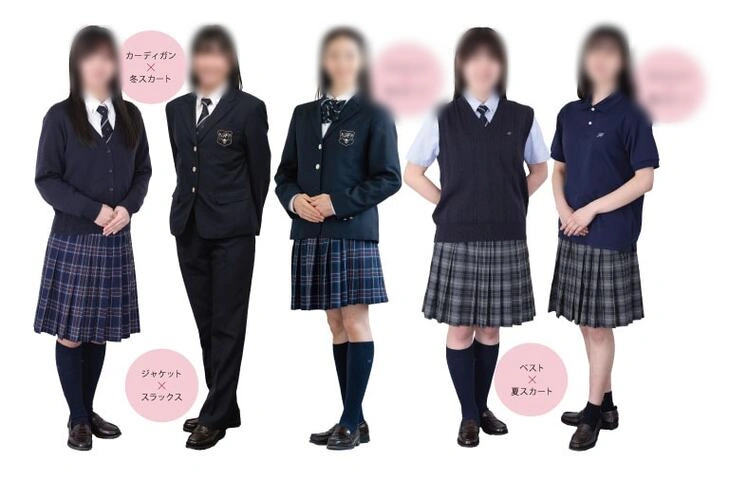 白鵬女子高等学校の制服コーディネート例｜カーディガン×冬スカート、ジャケット×スラックス、ジャケット×夏スカート、ベスト×夏スカート、ポロシャツ×夏スカート