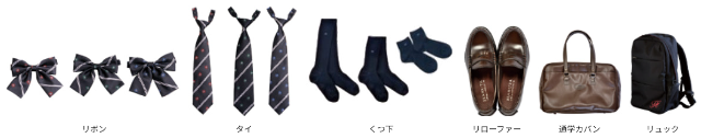 白鵬女子高等学校の制服付属品｜リボン3種・タイ3種（学年カラー）・くつ下・リローファー・通学カバン・リュック