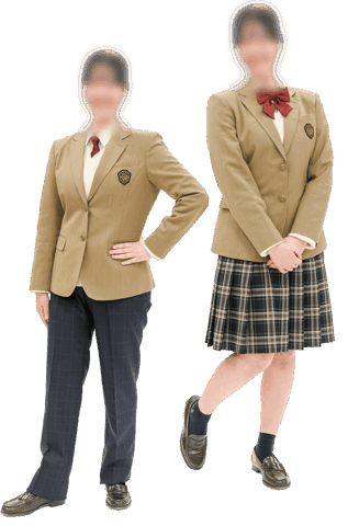 仁愛女子高等学校の冬服。キャメル色のヘリンボーンジャケットに校章エンブレム、赤系リボン・ネクタイ、グリーン×オレンジのチェックスカートまたはチェック柄スラックスを着用した女子生徒2名