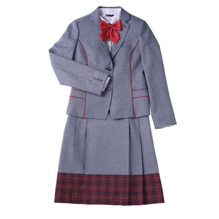 北鎌倉女子学園 中学制服のフルコーディネート（えんじを基調としたチェックスカートとリボン）