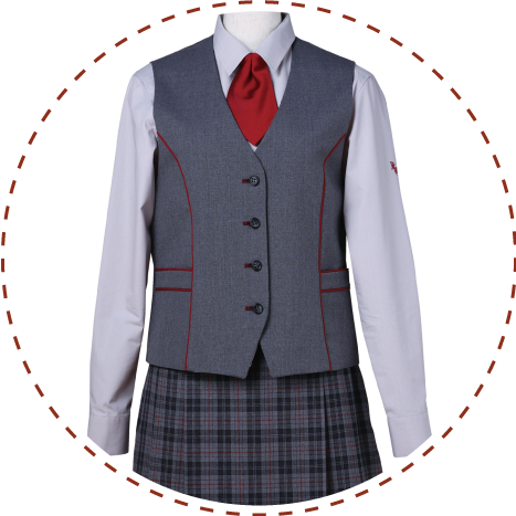 北鎌倉女子学園の中高共通制服ベスト（グレー地にえんじのライン入り）