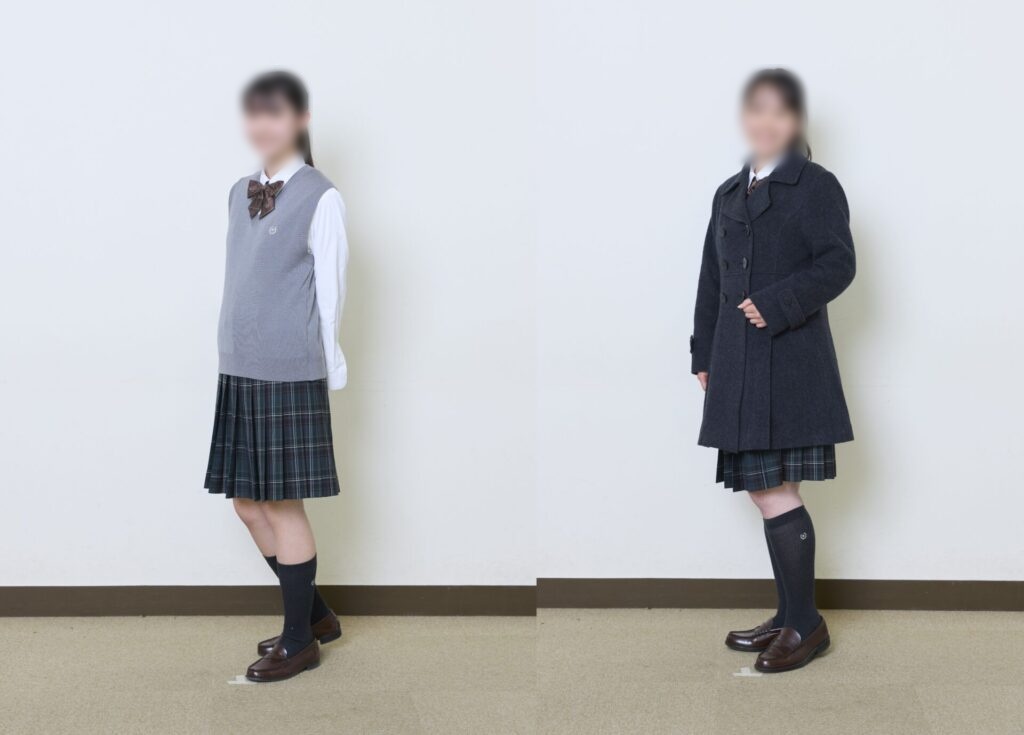 国府台女子学院高等部のグレーのニットベストとピーコート着用例