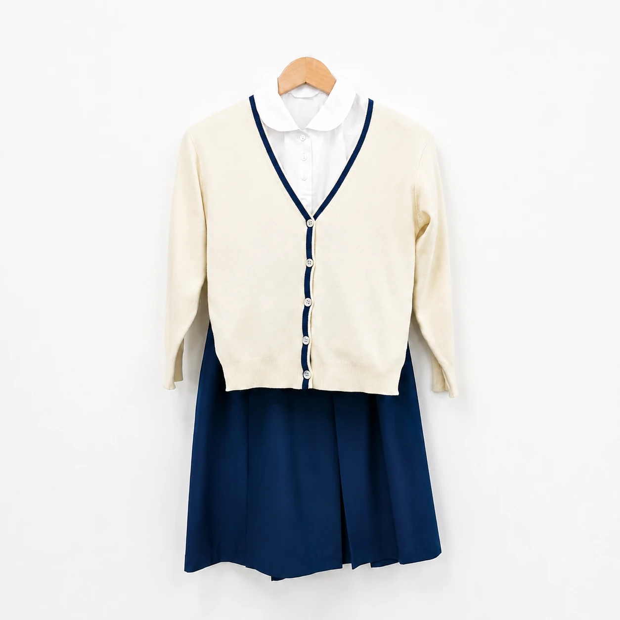 神戸海星女子学院高等学校 夏服制服セット（カーディガン・丸襟ブラウス・吊りスカート）