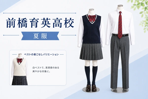 前橋育英高校の夏服制服｜女子紺ベスト×グレンチェックスカートと男子白シャツ×スラックスのスタイル