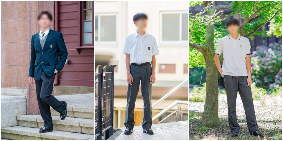 松商学園高校の男子制服。左から正装(ブレザー+ベスト+スラックス)、夏服(半袖シャツ)、夏服(ポロシャツ)