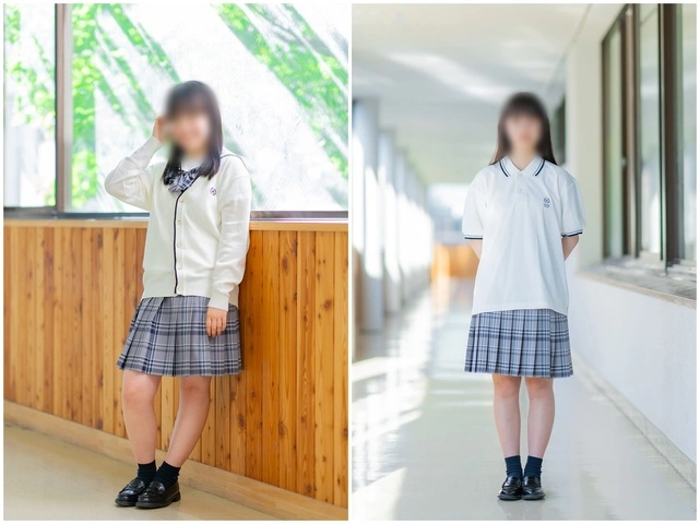 松商学園高校の女子夏服。左はセーラー服にカーディガンを羽織ったスタイル、右はポロシャツとチェック柄スカートのスタイル