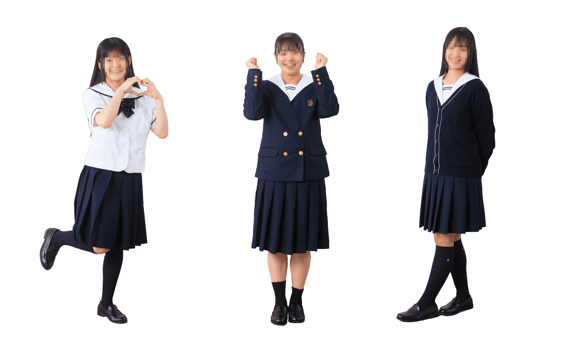 奈良女子高等学校の制服一式｜左から夏服セーラー・冬服ブレザー・カーディガンスタイル