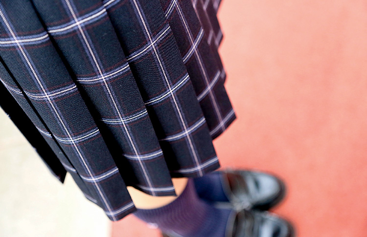 日本大学豊山女子高等学校の自由購入スカート（紺色×桜色チェック柄プリーツ）の生地アップ