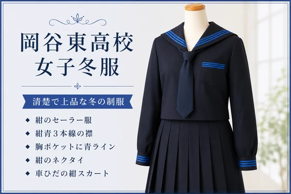 長野県岡谷東高等学校の女子冬服。紺のセーラー服に紺青3本線の襟と胸ポケットの青ライン、紺のネクタイ、車ひだの紺スカートを合わせた制服
