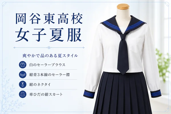 長野県岡谷東高等学校の女子夏服。白のセーラーブラウスに紺青3本線のセーラー襟、紺のネクタイ、車ひだの紺スカートを合わせた制服
