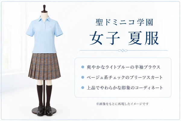 聖ドミニコ学園中学高等学校の女子夏服イメージ｜ライトブルーの半袖ブラウスとベージュ系チェックのプリーツスカート