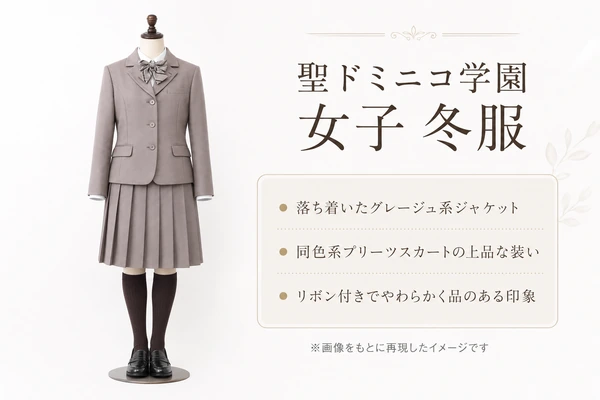 聖ドミニコ学園中学高等学校の女子冬服イメージ｜グレージュ系ジャケットと同色プリーツスカート、リボン付きの上品なコーディネート