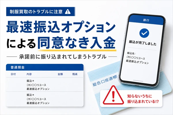 制服買取の最速振込オプションによる同意なき入金トラブル|承諾前に査定金額が振り込まれる仕組み