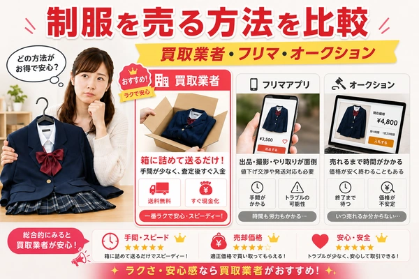 制服を売る方法を比較した図｜買取業者・フリマアプリ・オークションのメリットとデメリットを手間・売却価格・安心感で総合評価。ラクで安心なのは買取業者