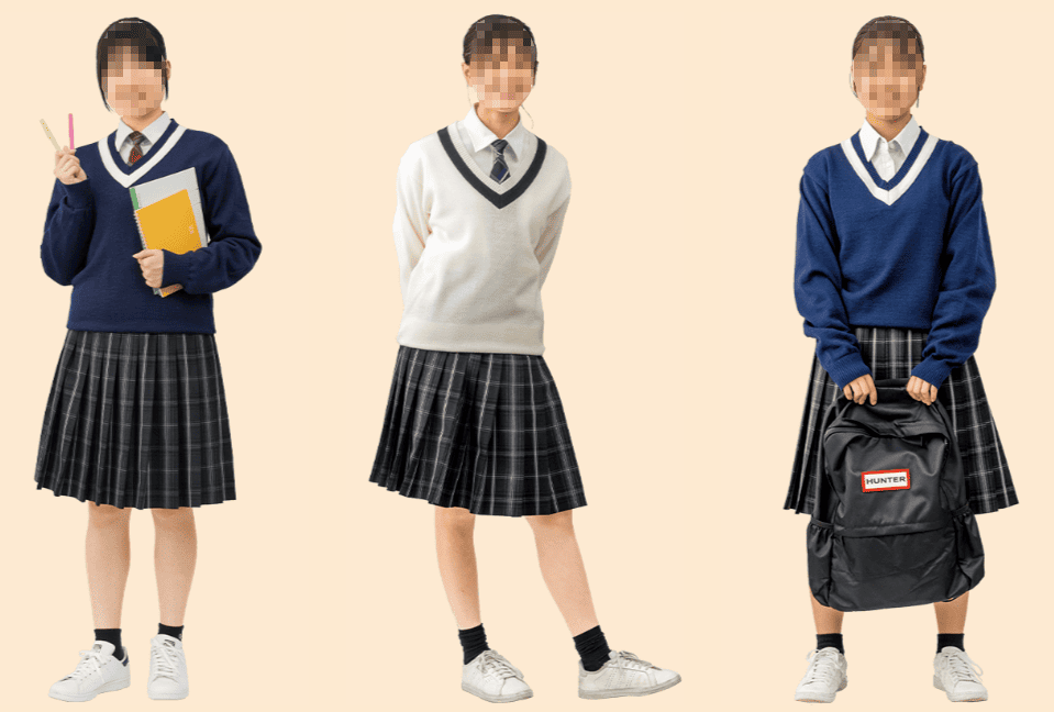 精華女子高校の制服ニットセーター3カラー｜紺・白・青のセーター＋チェックスカートスタイル