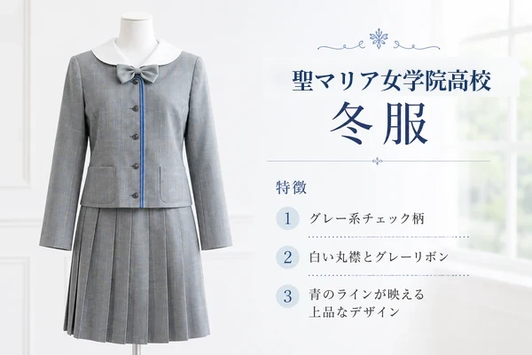 聖マリア女学院高校の冬服。グレー系チェック柄のジャケットと同柄プリーツスカート、白い丸襟とグレーリボンが特徴