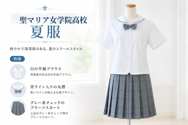 聖マリア女学院高校の夏服。白の半袖ブラウスに青ライン入りの丸襟、グレー系チェックのプリーツスカート