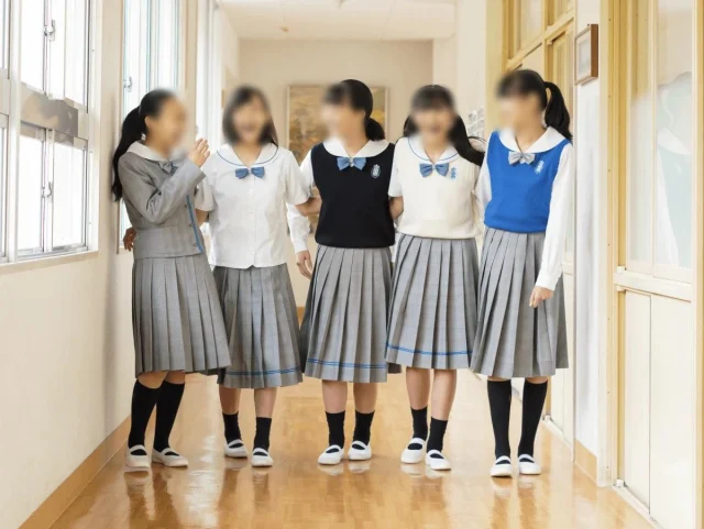 聖マリア女学院の制服バリエーション。冬ジャケット・夏ブラウス・紺/白/青のベストなど指定品の組み合わせ